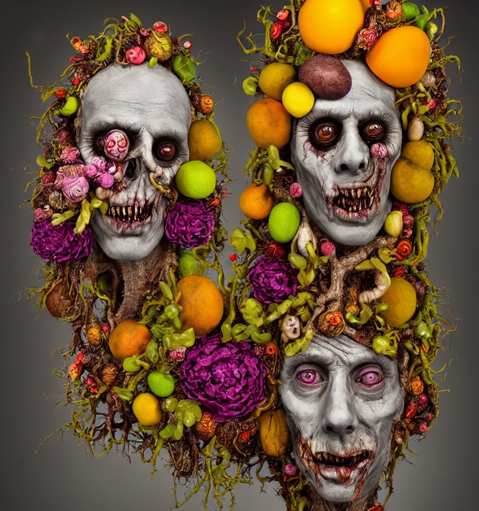 Prompt: headshot portrait of a trickster nature zombie, head made of fruit and flowers in the style of arcimboldo, fragonard, covered with tendrils roots and snail shells, oil painting, ethereal, atmospheric lighting, action figure, clay sculpture, claymation, gray yellow and magenta, botanical rainbow backdrop