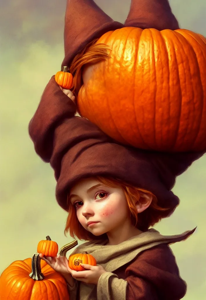 Image similar to hand drawn cute one gnomes face in autumn disguise holding pumpkin, detailed closeup face, concept art, low angle, high detail, warm lighting, volumetric, godrays, vivid, beautiful, trending on artstation, art by artgerm and greg rutkowski and alphonse mucha