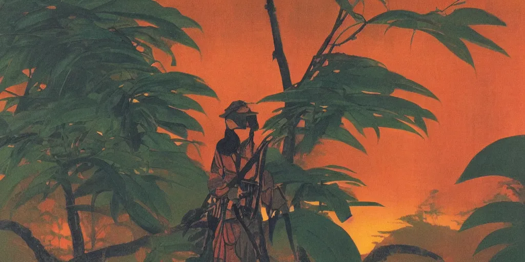 Prompt: painting of a female soldier in the rainforest at golden hour by kitano tsunetomi, 1 9 3 9