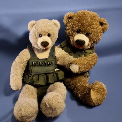 Image similar to a realistic photo shoot of a teddy bear marine soldier 4 k