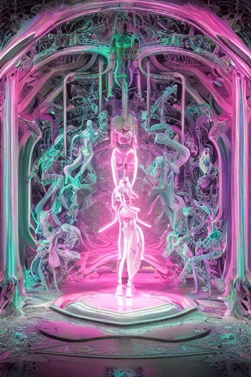Image similar to full-body baroque and bladerunner style pink neon statue of a beautiful pale mech robot goddess humanoid dancing sim roupa, glowing white face, street hoody of red steampunk lasers, emeralds, swirling silver silk fabric. futuristic elements. prismatic liquid rainbow light, full-length view. space robots. human skulls. throne made of bones, intricate artwork by caravaggio. Trending on artstation, octane render, cinematic lighting from the right, hyper realism, octane render, 8k, depth of field, 3D