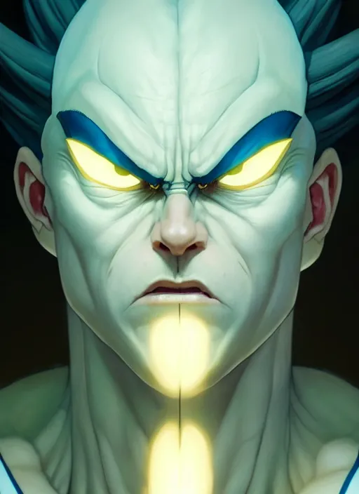 Image similar to by greg rutkowski, symmetry, concept art by artgerm, distance render portrait of a hyper realistic pixar vegeta, intense, epic, ssj, alphonse mucha, octane render, highly detailed, high quality, 8 k, soft lighting, path traced, and uang guangjian and gil elvgren, symmetry!!