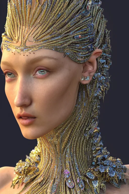 Image similar to a highly detailed metahuman 4 k close up render of an alien goddess bella hadid as universe in iris van herpen dress schiaparelli in diamonds crystals swarovski and jewelry in style of alphonse mucha gustav klimt trending on artstation made in unreal engine 4