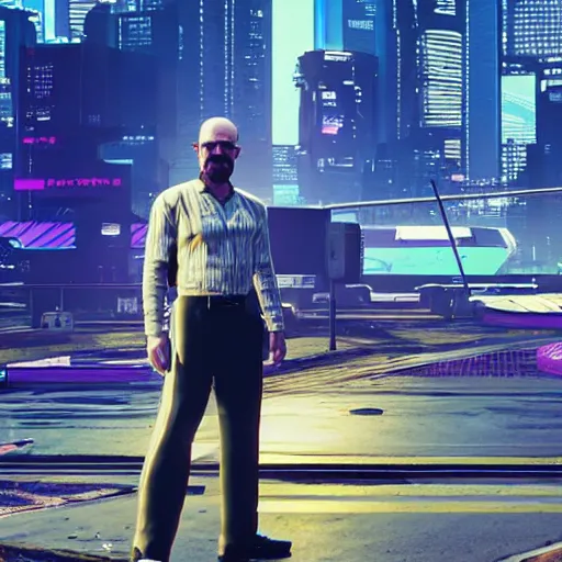 Image similar to walter white from breaking bad in cyberpunk 2 0 7 7 with futuristic city, 4 k, hyper realistic, synthwave, vapor wave, futuristic, advanced