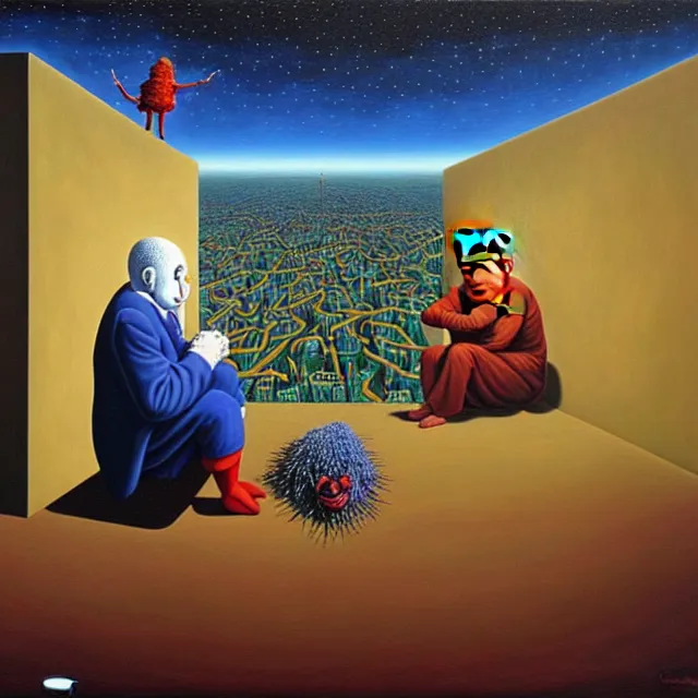 Image similar to an oil on canvas painting of a sad clown sitting by himself next to the devil, surrealism, surrealist, cosmic horror, rob gonsalves, high detail