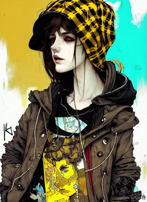 Prompt: highly detailed portrait of a moody sewerpunk young adult lady with a tartan hoody by krenz cushart, by artem demura, by alphonse mucha, by kaethe butcher, gradient yellow, black, brown and cyan color scheme, grunge aesthetic!!! ( ( graffiti tag city background ) )