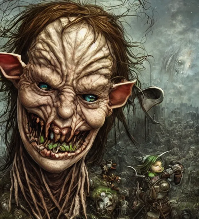 Image similar to hyper realistic portrait of postapocalyptic evil smiling grining elf goblin, cinematic, symmetric, dark crystal, alan lee, jean baptiste monge, scott radke