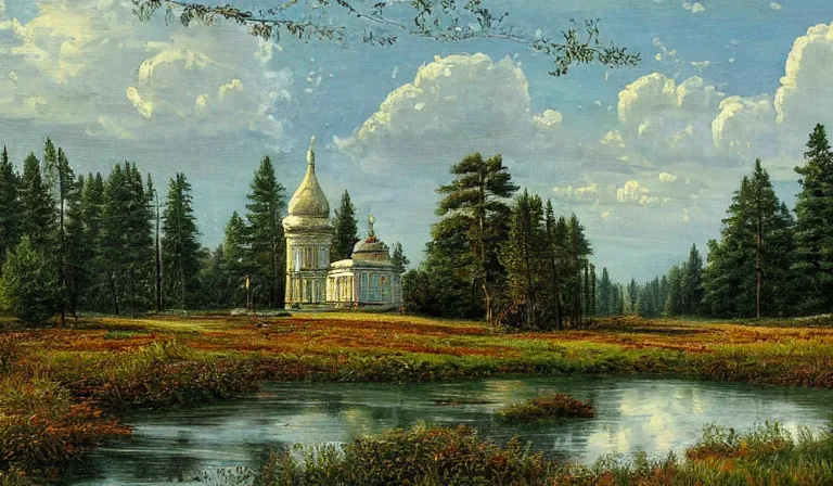 Prompt: A serene landscape with a singular building in the style of Ivan Shishkin.