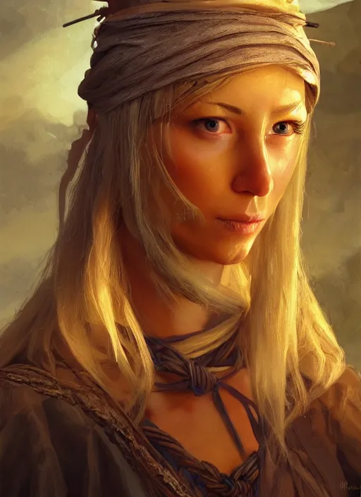 Image similar to blonde peasant woman, fantasy, medieval, vivid colors, fantasy, elegant, concept art, sharp focus, beautiful face!!, digital art, hyper - realistic, 4 k, unreal engine, highly detailed, hd, dramatic lighting by brom, trending on artstation