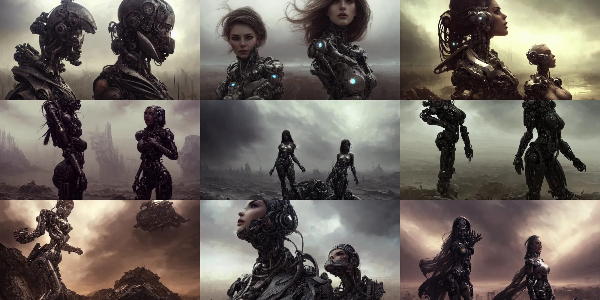 Prompt: ultra realistic beautiful alluring cyborg techno art, gorgeous face and figure, in an apocalyptic wasteland, ominous sky, sci - fi, fantasy, intricate, elegant, highly detailed, digital painting, artstation, concept art, smooth, sharp focus, illustration, art by artgerm and greg rutkowski and alphonse mucha and wlop