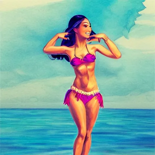 Image similar to beautiful hula dancer in a bikini on the beach drawn by artgerm