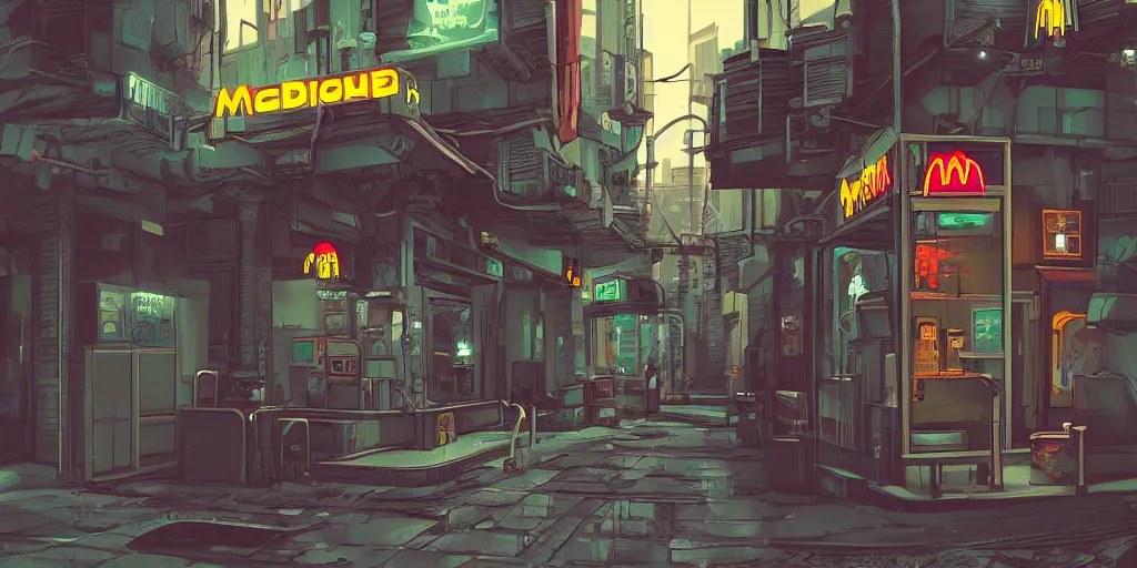 Image similar to a lone backalley cyberpunk mcdonalds by kirokaze