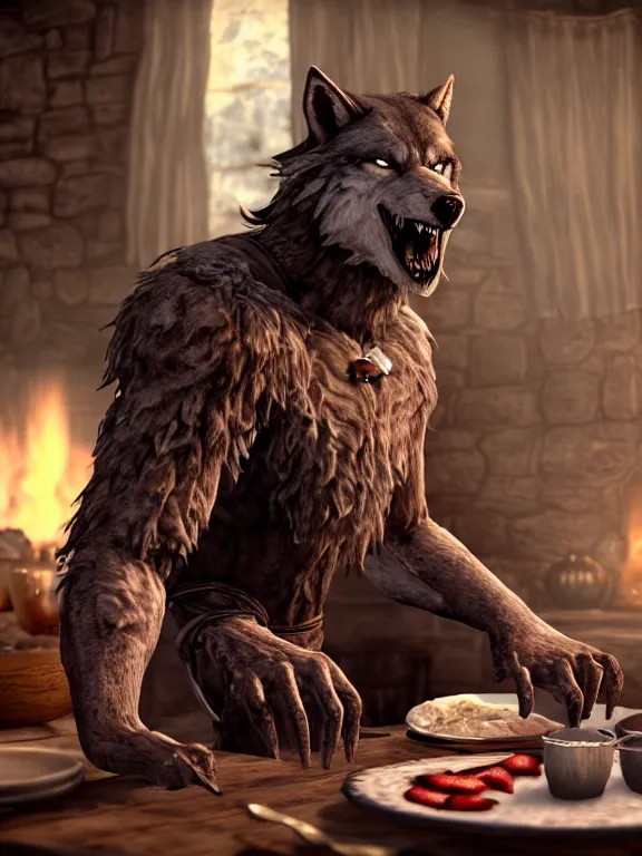 Image similar to cute handsome cuddly burly surly relaxed calm timid werewolf from van helsing sitting down at the breakfast table in the kitchen of a normal country home cooking having fun lighthearted whimsy whimsical baking strawberry tart cakes unreal engine hyperreallistic render 8k character concept art masterpiece screenshot from the video game the Elder Scrolls V: Skyrim