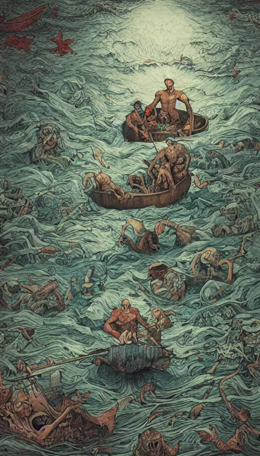 Image similar to man on boat crossing a body of water in hell with creatures in the water, sea of souls, by james jean,