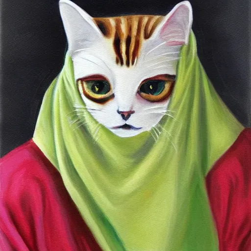 Prompt: painting of babushka cat