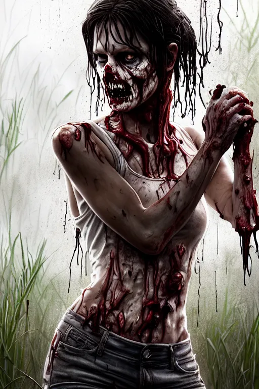 Prompt: full body portrait of walking dead zombie, standing in a pond, soaking wet hair, by terry o'neill intricate, elegant, highly detailed, digital painting, glistening skin, artstation, concept art, smooth, sharp focus, bright lighting, illustration, art by artgerm and greg rutkowski and alphonse mucha, 8 k
