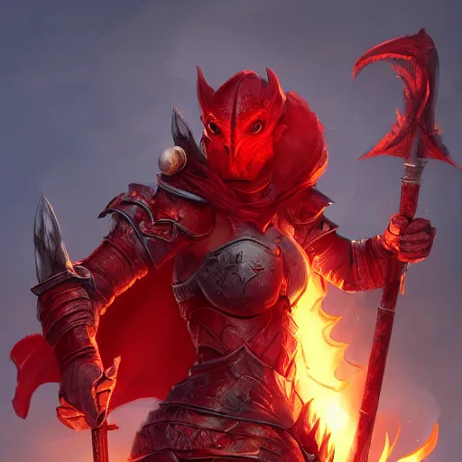 Image similar to A female red dragonborn with a halberd heroically posing, fantasy, medieval, cinematic, paladin, serious expression, 8k, trending on artstation, In the style of Clint Cearley