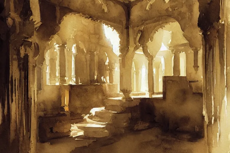 Prompt: abstract watercolor painting of spanish arabian lord house interior, in stone, magical and traditional, cinematic light, national romanticism by anders zorn, by greg rutkowski, by greg manchess