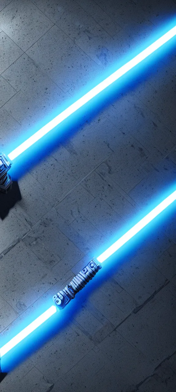 Image similar to detailed cinematic render, of a blue cyberpunk lightsaber lying vertically on a detailed stone floor, in a dark room, photo from above, octane render 8 k, digital art, lightsaber wallpaper 4 k, ray tracing, jedi fallen order lightsaber wallpaper 4 k, cal kestis lightsaber wallpaper