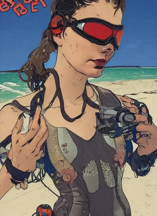 Image similar to cyberpunk beach lifeguard. swimsuit. portrait by ashley wood and alphonse mucha and laurie greasley and josan gonzalez and james gurney. splinter cell, apex legends, rb 6 s, hl 2, d & d, cyberpunk 2 0 7 7. realistic face. character clothing. vivid color. dystopian setting.