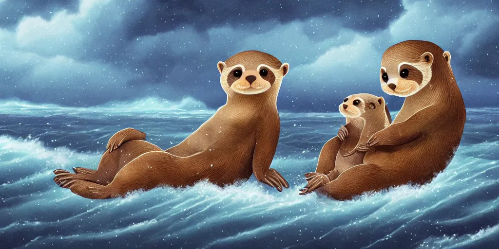 Image similar to A pair of adorable otters falling in love holding hands side by side, all alone in the middle of a huge storm at sea, fantasy illustration, cinematic, dreamlike, Award winning, romance, detailed trending on art station masterpiece