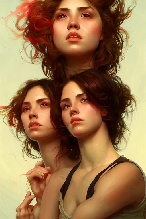 Prompt: three college girls rolling hard on ecstasy glistening with sweat and kissing sensualy, realistic portrait, highly detailed, digital painting, artstation, concept art, smooth, sharp focus, illustration, cinematic lighting, art by artgerm and greg rutkowski and alphonse mucha