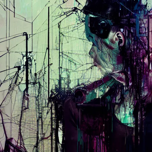 Image similar to a dark cyberpunk dream of wires broken skulls skin cybernetic machines and decay moody hyperrealism 8 k photo atmospheric by jeremy mann, francis bacon and agnes cecile, ink drips paint smears digital glitches glitchart