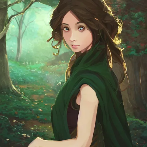 Image similar to a portrait of a young beautiful woman with long dark brown hair, green eyes, tan skin, wearing a medieval fantasy outfit, forest landscape background, fantasy, ambient lighting, 4k, anime key visual, makoto shinkai, charlie bowater, lois van baarle, ilya kuvshinov, rossdraws, artstation