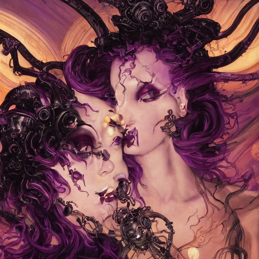 Prompt: baroque neoclassicist close - up portrait of a dark retrofuturistic alien witch fairy goddess gazing intensely with big eyes. dark purple and orange light. iridescent and reflective textures. highly detailed science fiction painting by norman rockwell, frank frazetta, and syd mead. rich colors, high contrast, gloomy atmosphere. trending on artstation and behance.