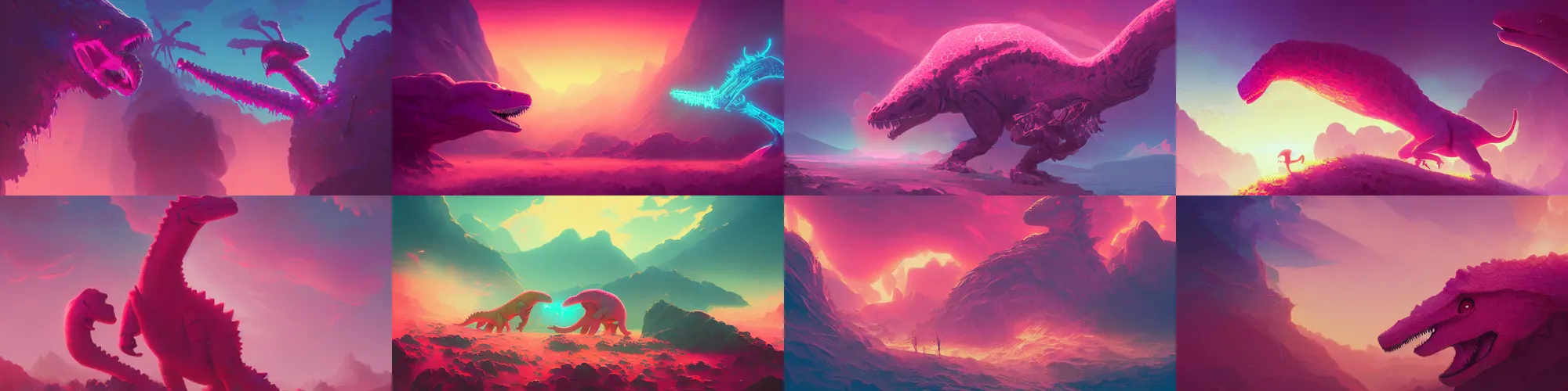 Prompt: close - up glowing pink dinosaur, alena aenami, petros afshar, noah bradley, anton fadeev, anato finnstark, steve henderson, filip hodas, mark keathley, thomas kinkade, phil koch, gilbert williams, mike winkelmann, beeple