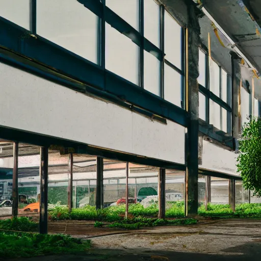 Image similar to a indoor abandoned parking lot with overgrown plants, neon, cyberpunk, art by Simon Stalenhag, cinematic, 4k