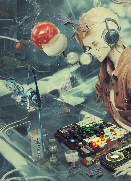 Prompt: surreal gouache painting, by yoshitaka amano, by ruan jia, by Conrad roset, by good smile company, detailed anime 3d render of a medicine pills Surrounded by a magical dragonfly and a big DJ Mixer, deck, portrait, cgsociety, artstation, rococo mechanical and Digital and electronic, dieselpunk atmosphere