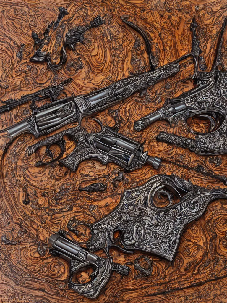 Image similar to wood carving in oak pine beechwood of an intricate design of firearms guns bullets revolvers and rifles, dramatic lighting, hyperrealistic, ultrarealistic, intricate details, 4k, unreal 5, digital art