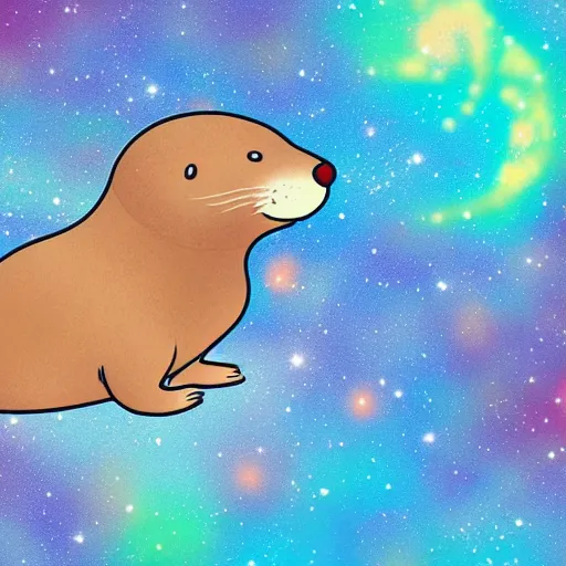 Image similar to digital illustration of a fat otter swimming through outer space, with colorful nebulae