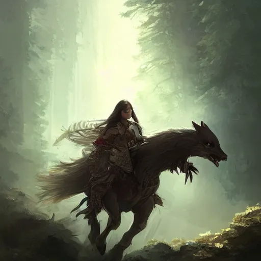 Image similar to asian woman holding an eagle on a horse chasing a wolf, greg rutkowski, fantasy, intricate, elegant, highly detailed, digital painting, artstation, concept art, long shot, cinematic lighting