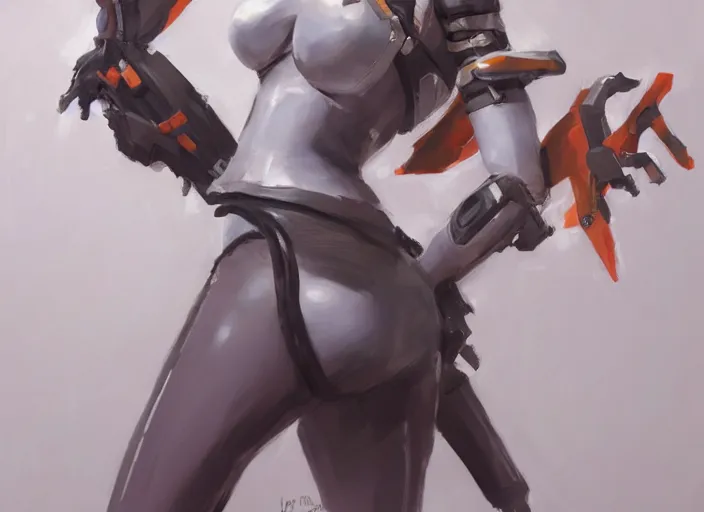 Image similar to a highly detailed beautiful portrait of tracer from overwatch as 2 b nier automata wearing a skintight suit, concept art, by gregory manchess, james gurney, james jean
