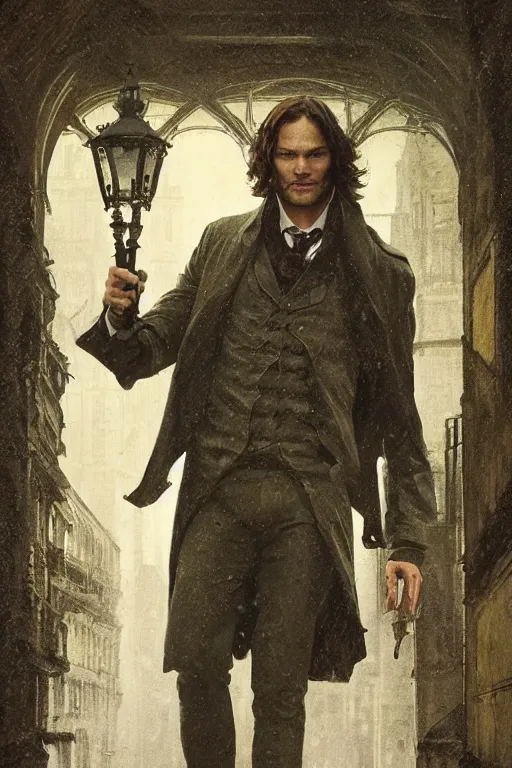 Prompt: a detailed matte portrait of jared padalecki in a supernatural sherlock holmes story, 1 8 th century london in the rain, city streets, ominous, masterpiece, 8 k, art by alphonse mucha and greg rutkowski