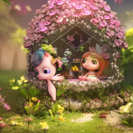 Prompt: a tiny cute fairy in a flower house, beautiful face, large eyes, cute, adorable, volumetric light, octane render, trending on artstation