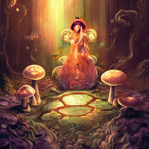 Image similar to mushroom goddess with group of elders, discussing the new season of friends, cynical realism, hiroya oku painterly, yoshitaka amano, chris cunningham, moebius, beautiful lighting, tendrils, in the style of, wlop, scientific diagram