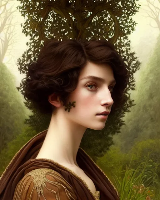 Image similar to symmetry portrait of welsh brunette fully clothed princess in young man's clothes, short hair, renaissance, forest background, intricate, elegant, highly detailed, digital painting, artstation, concept art, smooth, sharp focus, illustration, art by artgerm and greg rutkowski and fra angelico and alphons mucha