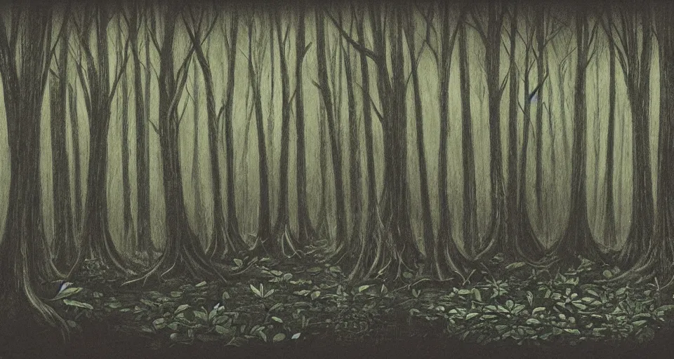 Image similar to A dense and dark enchanted forest with a swamp, by schizophrenia patient