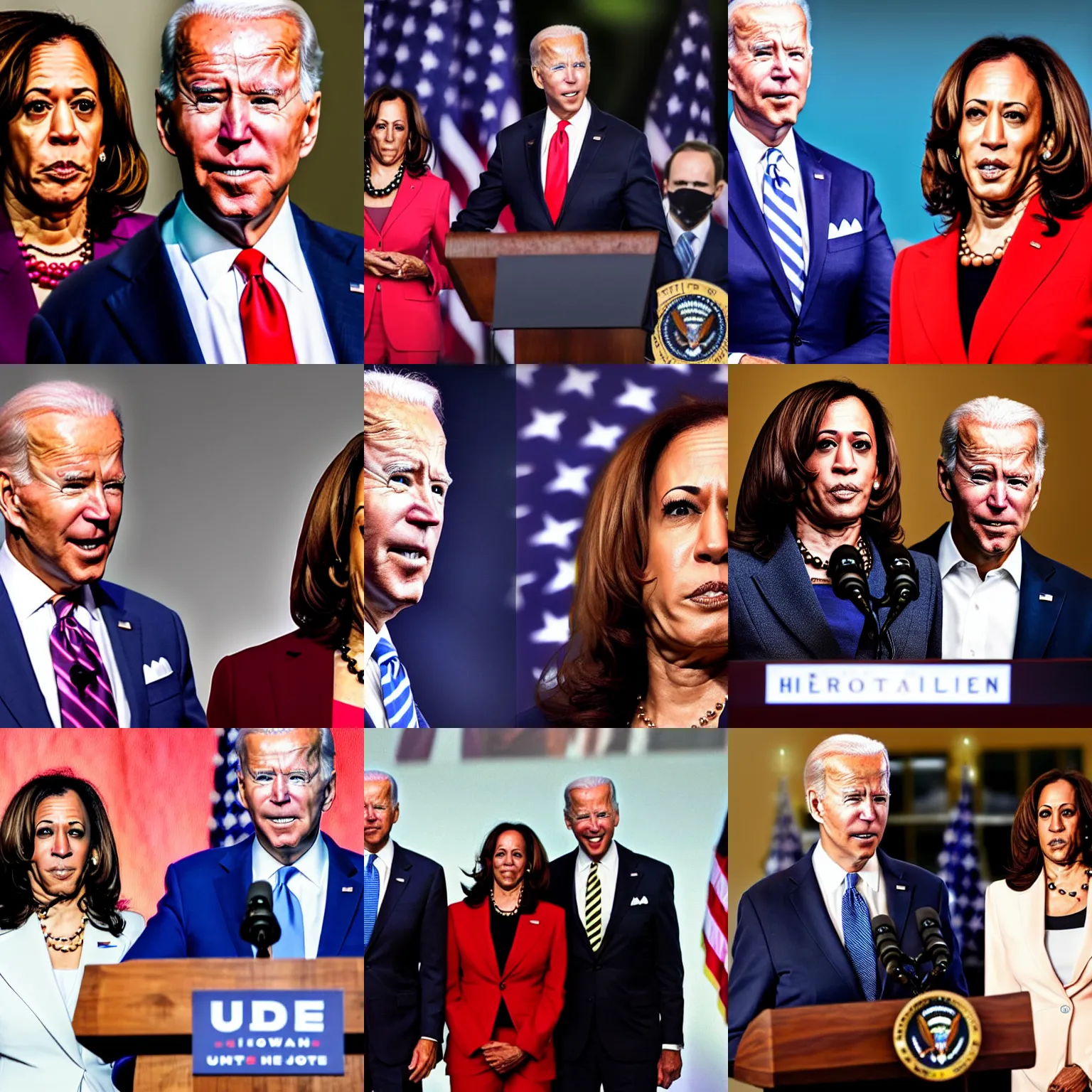 Prompt: ultra realistic photo of joe biden with kamala harris menacingly standing behind him with glowing red eyes, film, perfect face,