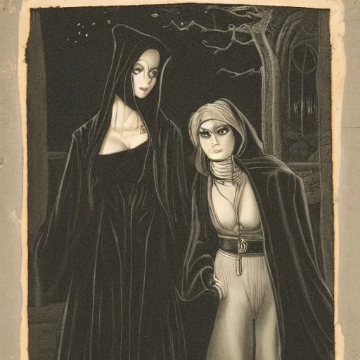 Image similar to a goth brunette woman in a black hooded cloak, standing beside a butch blonde tomboy woman engineer, in a garden at night, soft and romantic