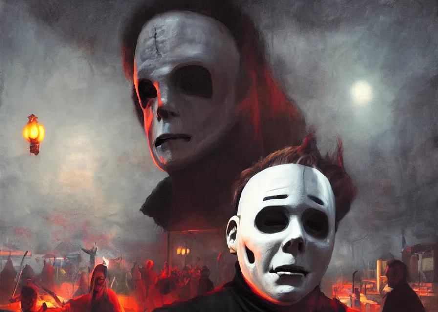 Prompt: painting of Michael Myers at a travelling carnival, sharp focus, face focused, trending on ArtStation, masterpiece, by Greg Rutkowski, by Ross Tran, by Fenghua Zhong, octane, soft render, oil on canvas, moody lighting, high contrast, cinematic