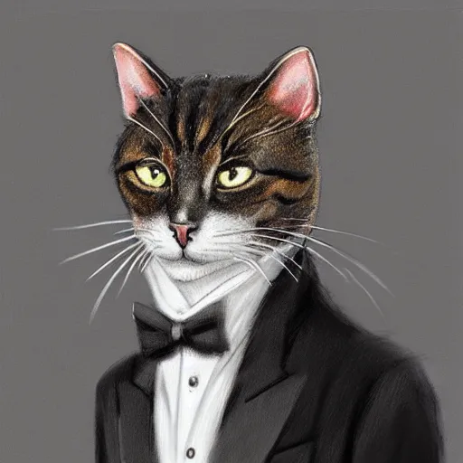 Prompt: photorealistic cat man wearing a tuxedo in the style of greg rutkowski. hyperdetailed photorealism, 1 0 8 megapixels, cinematic lighting