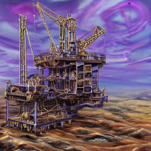 Prompt: steampunk oil rig with purple and brass accents over a dried uo ocean, kaladesh, stylized, hyperrealistic