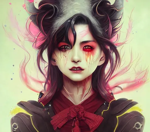 Image similar to a Demon Slayer FAN art portrait of grown up Mitsuri Kanroji ,by Stanely Artgerm,Tom Bagshaw,arthur adams,Carne Griffiths,trending on DeviantArt,street art,face enhance,chillwave,maximalist,full of color,glittering