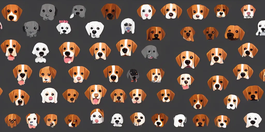 Prompt: game asset of unique beagle heads on black background, organic, disney animation color palette, smooth vector lines, toon shading, 5 colors, solid colors, flat 2 d design, 2 d sprites, 8 k, close up