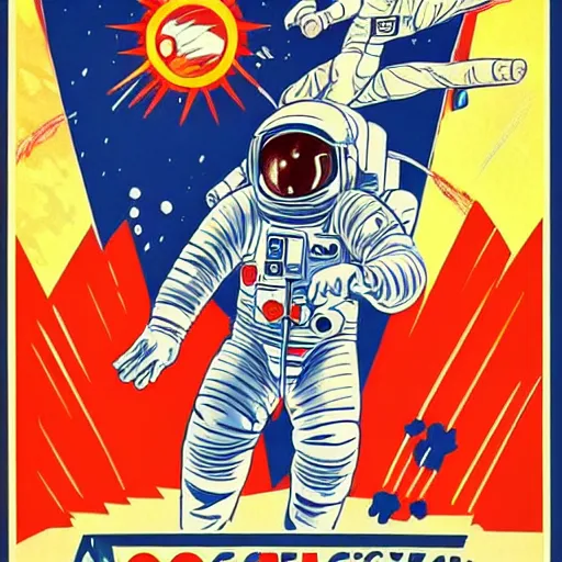 Image similar to space program propaganda poster, astronaut, soviet propaganda style