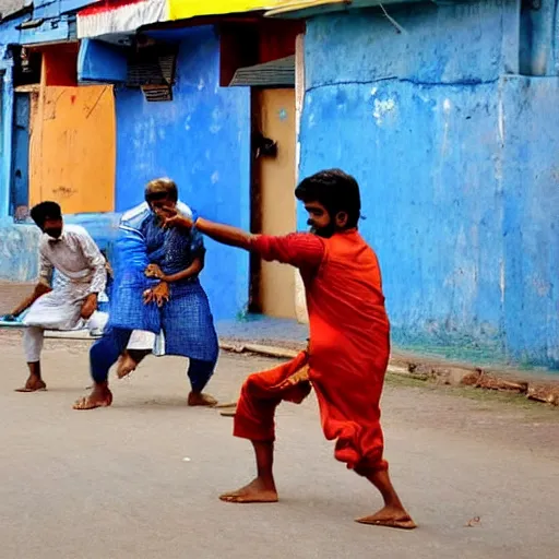 Image similar to four tamil friends playing a game of cricket, on an indian street